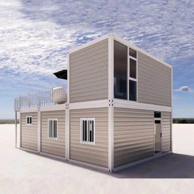 It's a prefabricated house with a gray facade and glass curtain wall that looks very upscale, with stairs on the outside and a terrace above, here's the back view